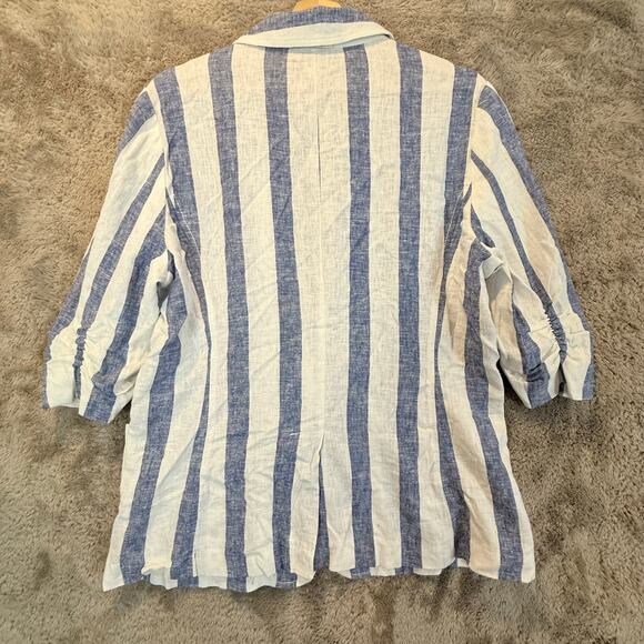 NWT Karen Kane Linen Blue White Stripe Santorini Ruched Sleeve Jacket Blazer L - Picture 7 of 14